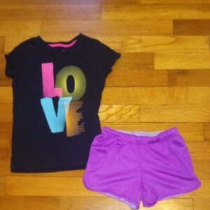 girl 5 purple mesh shorts and graphic tee